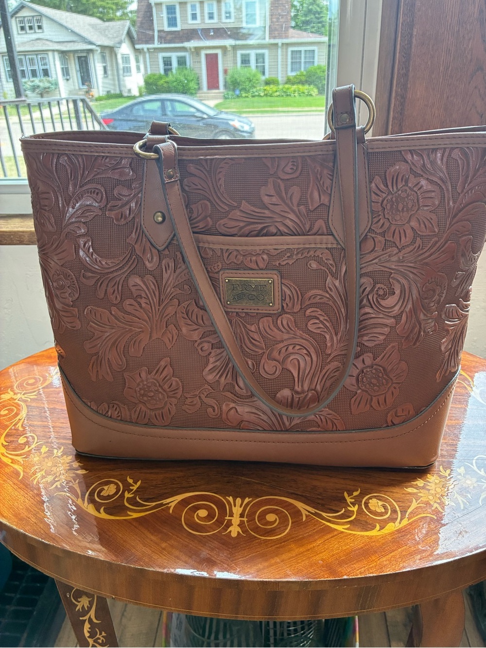 Frye and Co Brown Embossed Tooled Floral Bag Purse Western Polyurethane